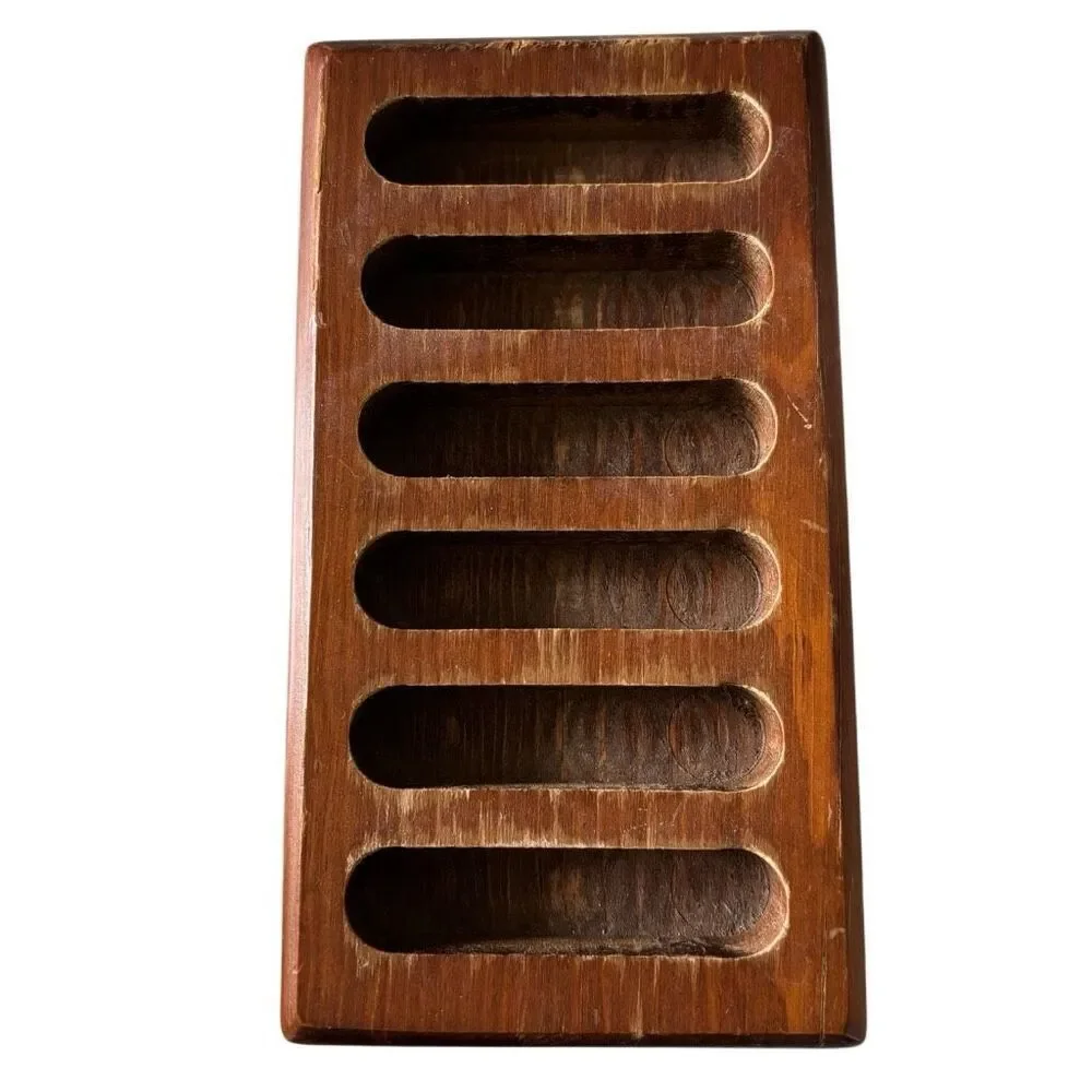 Set Of 6 Vintage Glass Drink Coasters In Wooden Holder